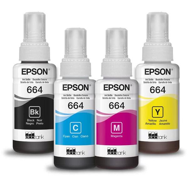 pack 4 tintas T664 para impressora tank L575, L1300, L395, L495, L396, L656 - Eps0n Imagem de pack 4 tintas T664 para impressora tank L575, L1300, L395, L495, L396, L656