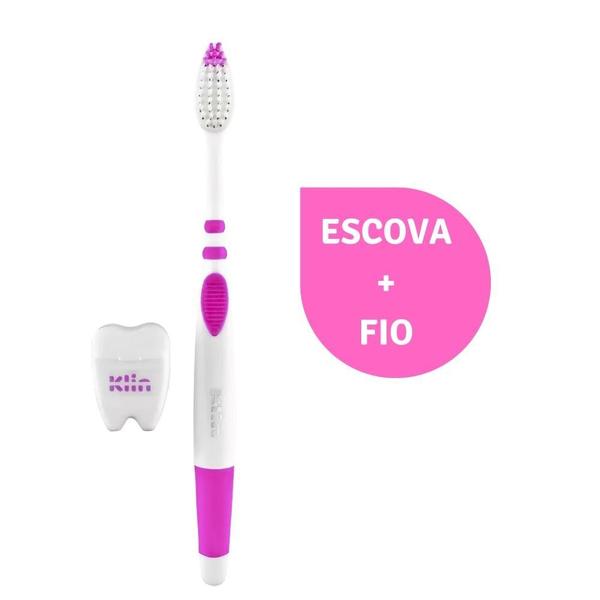 Imagem de Pack Escova Dental Macia Rosa + Fio Dental 10m Klin