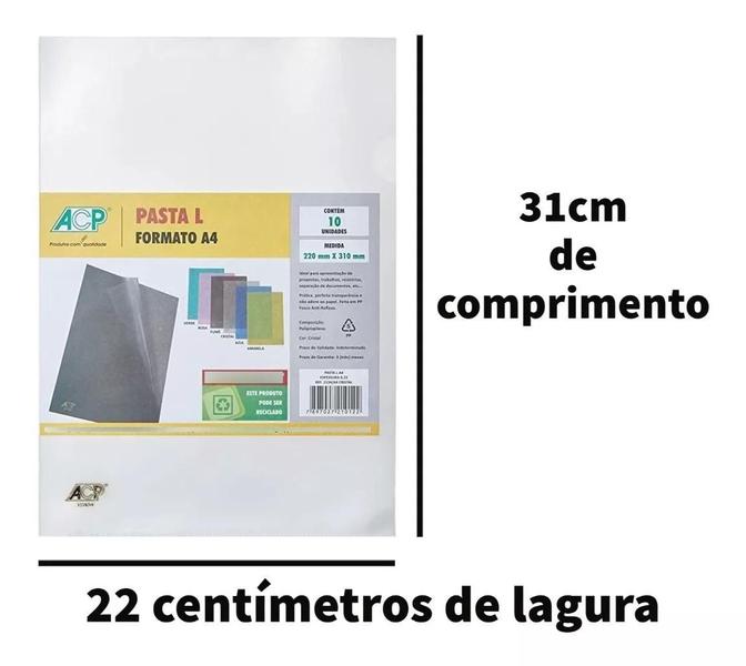 Imagem de Pacote com 10 Pastas em L Transparente A4 Modelo 1134 ACP Ideal para Armazenar e Transportar Trabalhos