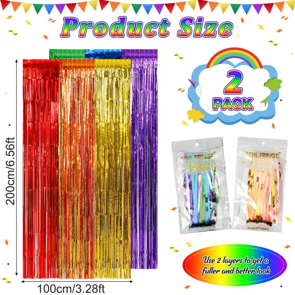 Imagem de Pacote com 2 cortinas Rainbow Foil Fringe Backdrop de 3,3 x 6,6 pés