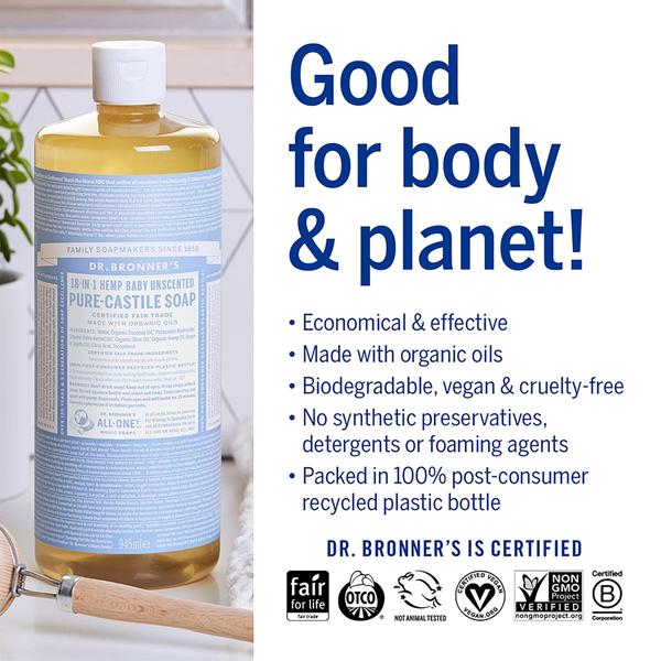 Imagem de Pacote com 2 sabonetes líquidos Dr. Bronner's Pure-Castile Baby, sem perfume, 946 ml