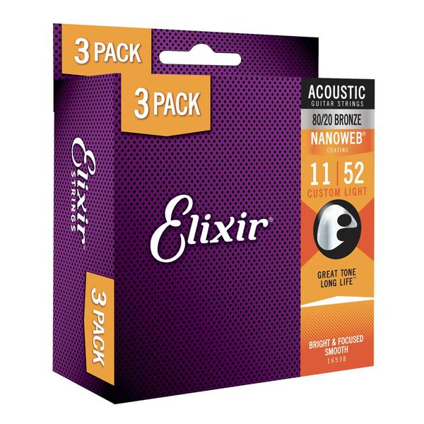 Imagem de Pacote com 3 cordas de guitarra acústica Elixir 80/20 Bronze NANOWEB