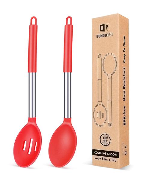 Imagem de Pacote de colheres de cozinha Bundlepro com 2 colheres grandes de silicone vermelho