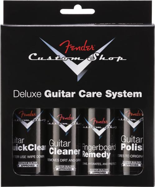 Imagem de Pacote de kit Fender Guitar Super Care com limpador de cordas Speed Stick, pacote com 4 Guitar Care System Custom Shop Deluxe, tecido de microfibra supermacio de dupla face e tecido de microfibra Fender Factory