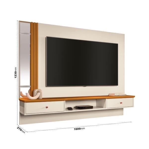 Imagem de Painel AREZ para TV Até 55'' 1.60 cm Espelho Bisotê e Puxadores em ABS Cor Off White /  Cedro