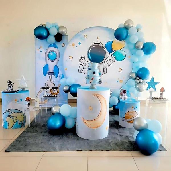 Imagem de Painel Astronauta Lua Decoração de Festa Aniversário Redondo com Elástico em Tecido Sublimado Premium