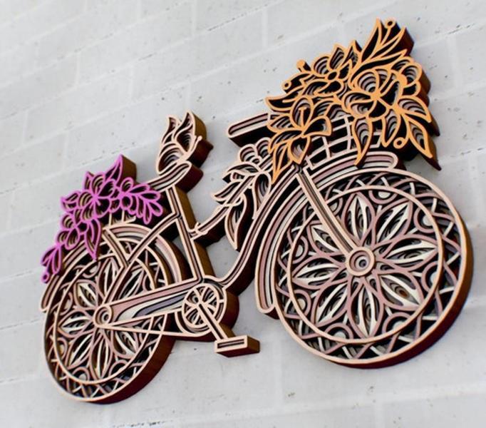 Imagem de Painel Bicicleta Floral Em Camadas Cores Mdf 59cm 3d M3d061