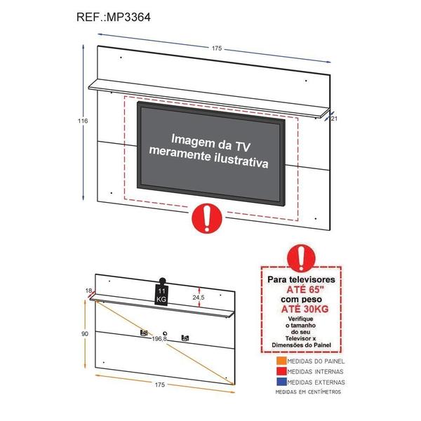 Imagem de Painel c/ Suporte TV 65" e Prateleira Amsterdã Plus Multimóveis Branco/Preto