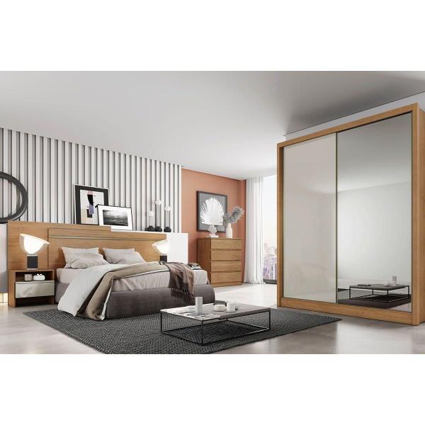 Imagem de Painel Cama Box Madeirado - Prime 2 Mesas c/ 2 Gavetas Casal Cumaru/Fendi - Novo Horizonte