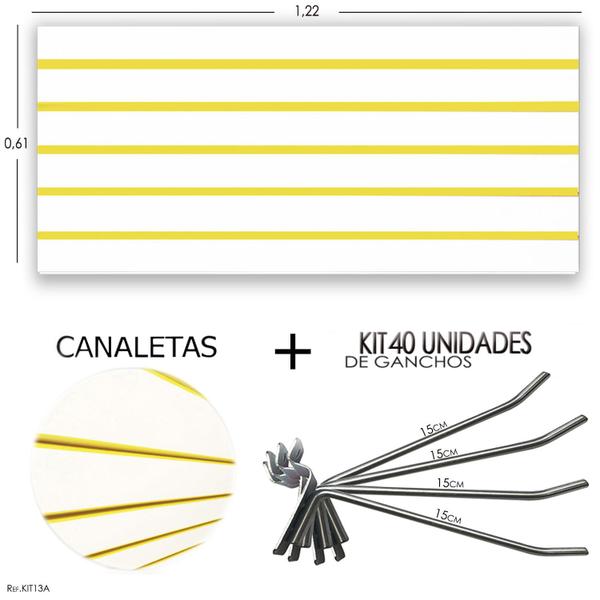 Imagem de Painel Canaletado 1,22 x 0,61 + 40 Ganchos 15cm + Canaleta Amarela