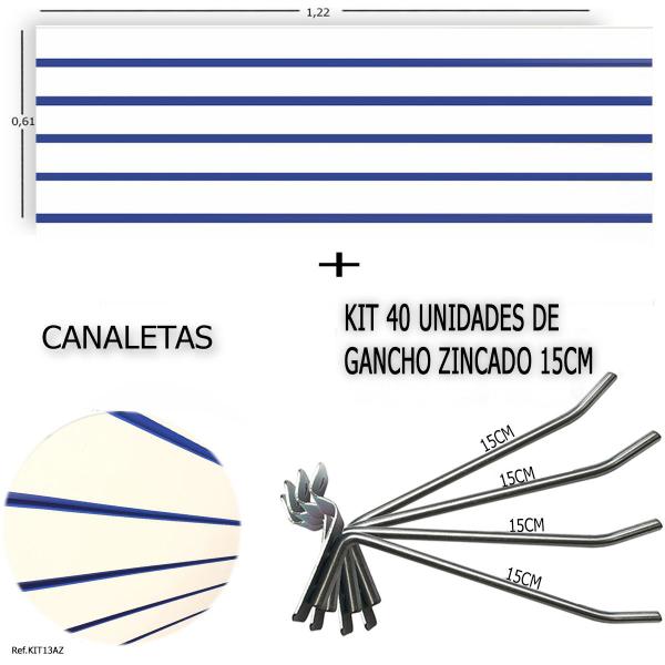 Imagem de Painel Canaletado 1,22 x 0,61 + 40 Ganchos 15cm + Canaleta Azul