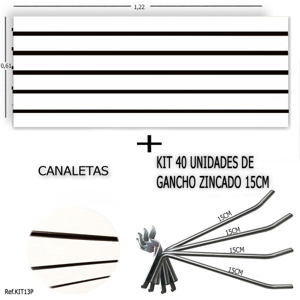 Imagem de Painel Canaletado 1,22 x 0,61 + 40 Ganchos 15cm + Canaleta Preta