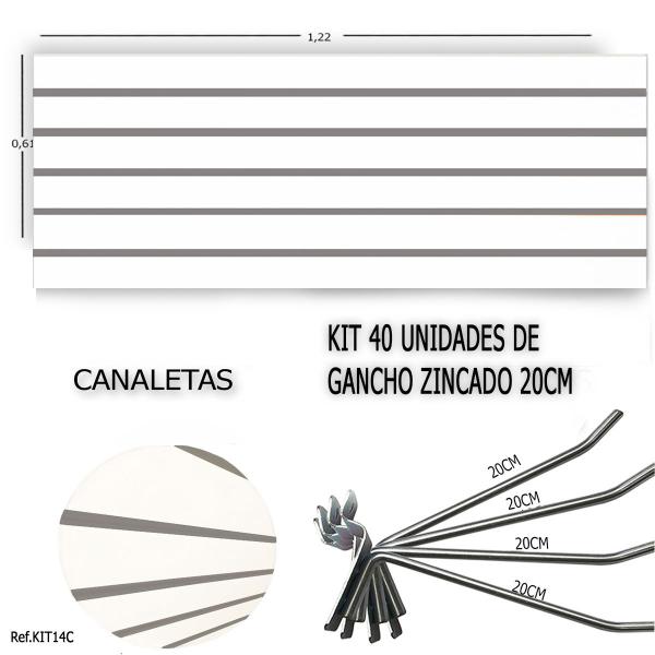 Imagem de Painel Canaletado 1,22 x 0,61 + 40 Ganchos 20cm + Canaleta Cinza