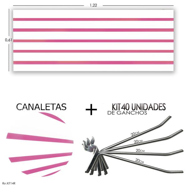 Imagem de Painel Canaletado 1,22 x 0,61 + 40 Ganchos 20cm + Canaleta Rosa