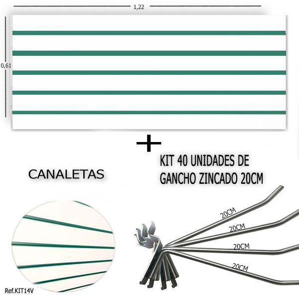 Imagem de Painel Canaletado 1,22 x 0,61 + 40 Ganchos 20cm + Canaleta Verde