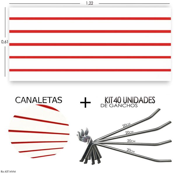 Imagem de Painel Canaletado 1,22 x 0,61 + 40 Ganchos 20cm + Canaleta Vermelha