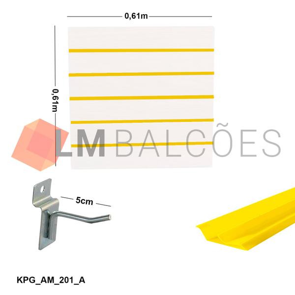 Imagem de Painel Canaletado Branco em Mdf 0,61 x 0,61m com Perfil Pvc Amarelo e 10 Ganchos de 5cm Zincado