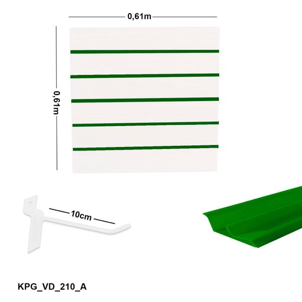 Imagem de Painel Canaletado Branco em Mdf 0,61 x 0,61m com Perfil Pvc Verde e 10 Ganchos de 10cm Branco