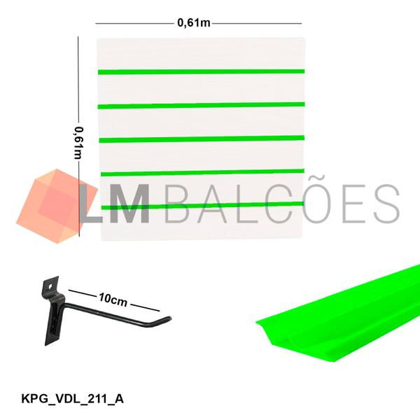 Imagem de Painel Canaletado Branco em Mdf 0,61 x 0,61m com Perfil Pvc Verde Limão e 10 Ganchos de 10cm Preto