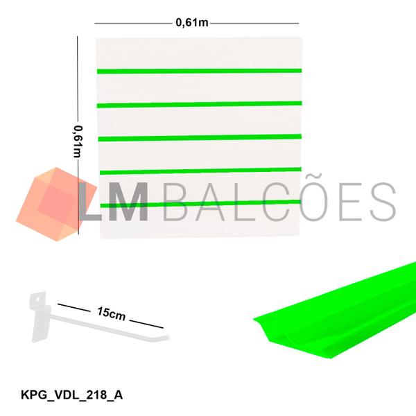 Imagem de Painel Canaletado Branco em Mdf 0,61 x 0,61m com Perfil Pvc Verde Limão e 10 Ganchos de 15cm Branco