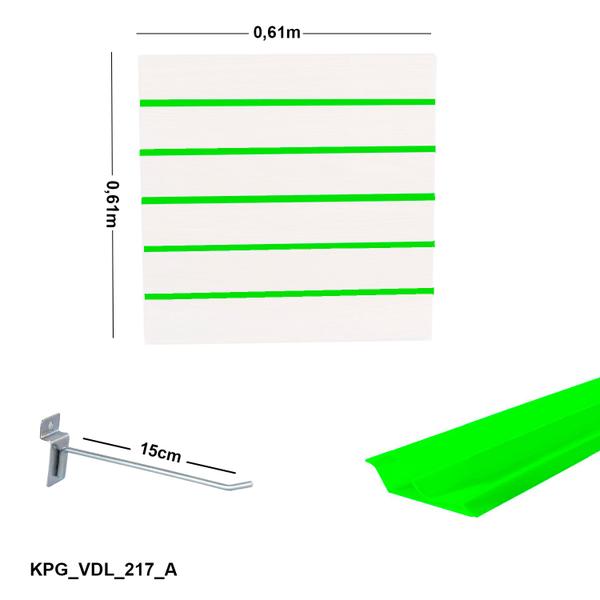 Imagem de Painel Canaletado Branco em Mdf 0,61 x 0,61m com Perfil Pvc Verde Limão e 10 Ganchos de 15cm Zincado