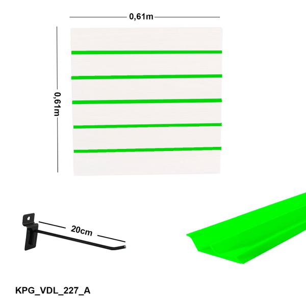 Imagem de Painel Canaletado Branco em Mdf 0,61 x 0,61m com Perfil Pvc Verde Limão e 10 Ganchos de 20cm Preto