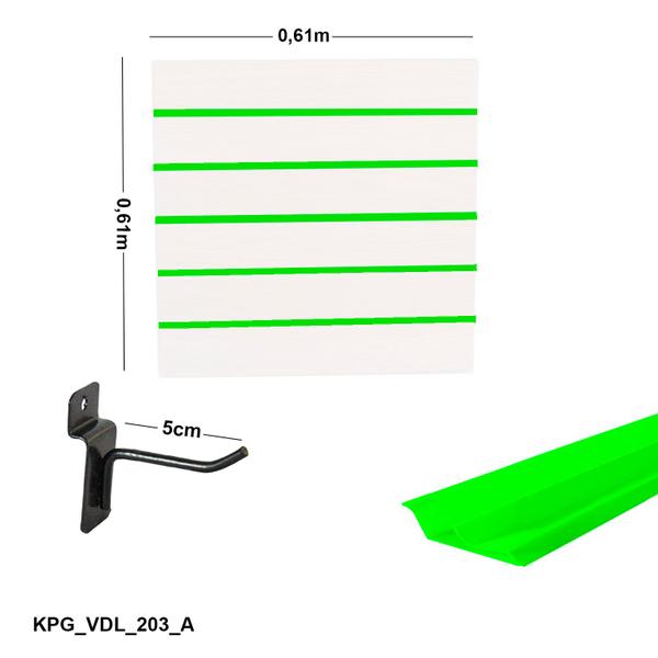 Imagem de Painel Canaletado Branco em Mdf 0,61 x 0,61m com Perfil Pvc Verde Limão e 10 Ganchos de 5cm Preto