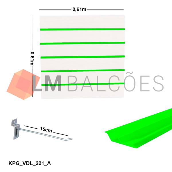 Imagem de Painel Canaletado Branco em Mdf 0,61 x 0,61m com Perfil Pvc Verde Limão e 20 Ganchos de 15cm Zincado