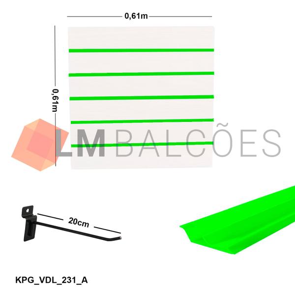 Imagem de Painel Canaletado Branco em Mdf 0,61 x 0,61m com Perfil Pvc Verde Limão e 20 Ganchos de 20cm Preto