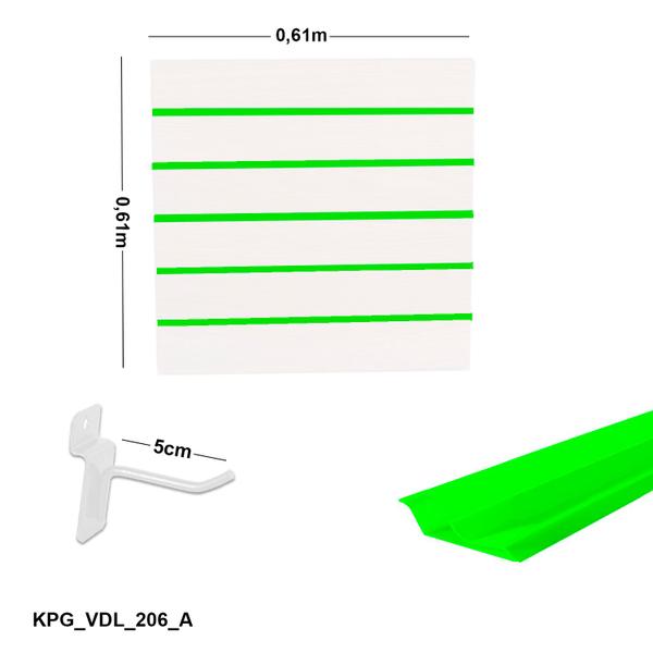 Imagem de Painel Canaletado Branco em Mdf 0,61 x 0,61m com Perfil Pvc Verde Limão e 20 Ganchos de 5cm Branco