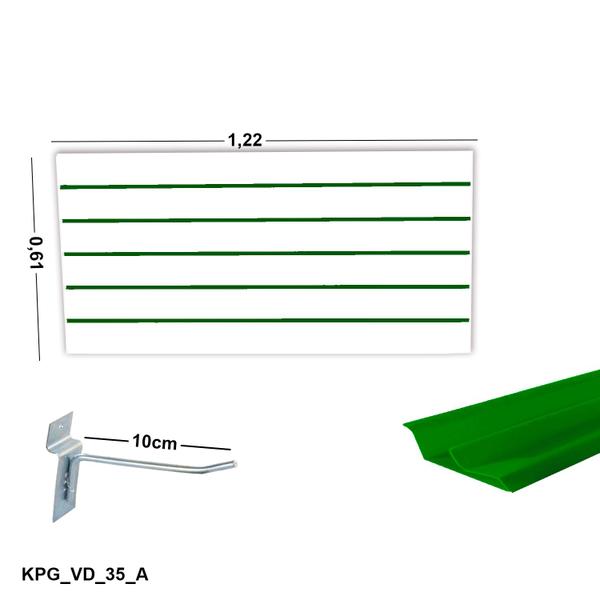 Imagem de Painel Canaletado Branco em Mdf 0,61 x 1,22m com Perfil Pvc Verde e 30 Ganchos de 10cm Zincado