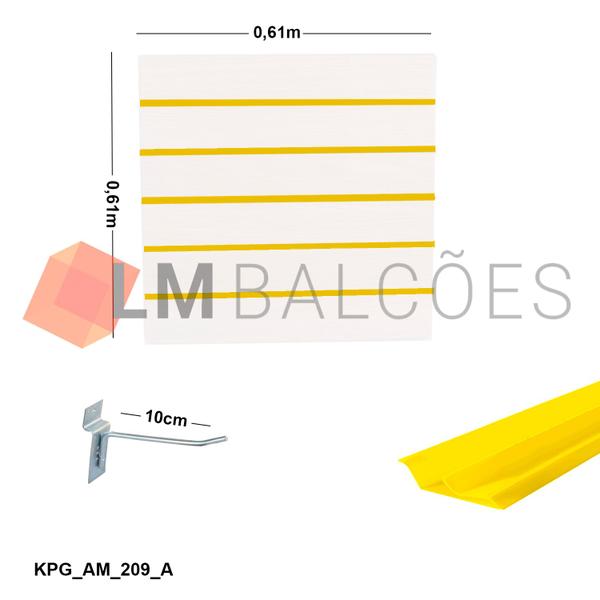 Imagem de Painel Canaletado em Mdf 0,61 x 0,61m Branco com Perfil Pvc Amarelo e 10 Ganchos de 10cm Zincado