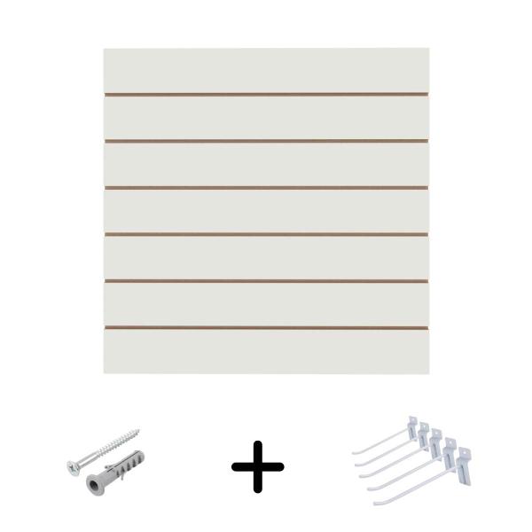 Imagem de Painel Canaletado Em MDF 90x90cm Branco + 10 Gancho Branco de 15cm