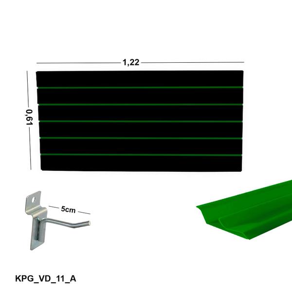 Imagem de Painel Canaletado Preto em Mdf 0,61 x 1,22m com Perfil Pvc Verde e 30 Ganchos de 5cm Zincado