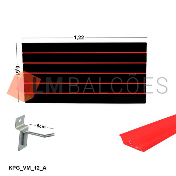 Imagem de Painel Canaletado Preto em Mdf 0,61 x 1,22m com Perfil Pvc Vermelho e 30 Ganchos de 5cm Zincado