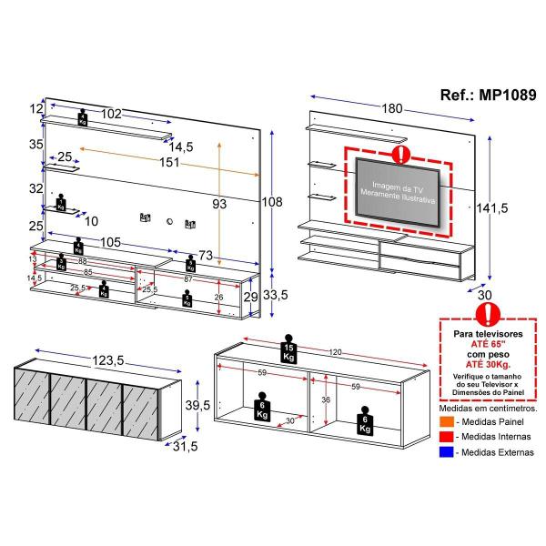 Painel com Suporte para TV até 65 Polegadas com Aparador 4 Portas com Espelho Multimóveis MP1089 Imagem de Painel com Suporte para TV até 65 Polegadas com Aparador 4 Portas com Espelho Multimóveis MP1089