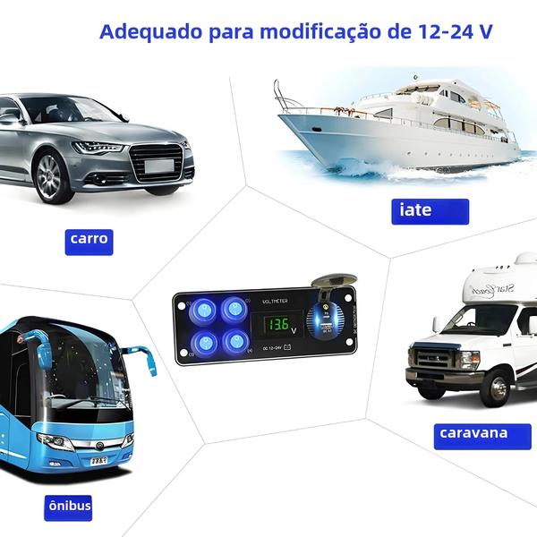 Imagem de Painel de 12-24V com 4 Chaves Interruptoras, Voltímetro e QC3.0 - Para Carro, RV, Caminhão, ATV, UTV e Camper