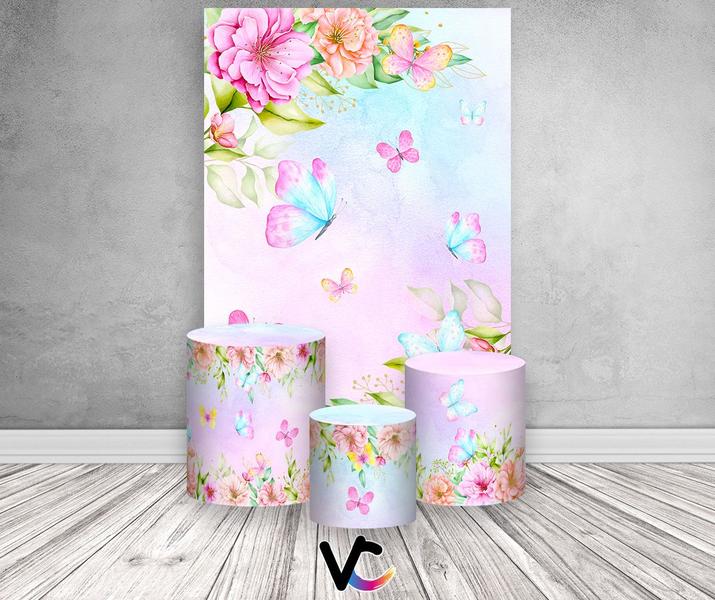 Imagem de Painel De Festa 3d Vertical + Trio De Capa Cilindro - Borboletas Aquarela Floral 013