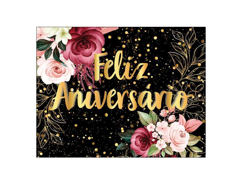 Imagem de Painel de Festa Horizontal 1,55 X 1,20 - Feliz Aniversário Floral Efeito Brilhos Dourado 002