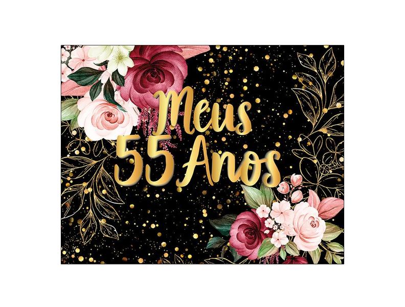 Imagem de Painel de Festa Horizontal 1,55 X 1,20 - Meus 55 Anos Floral Efeito Brilhos Dourado 009