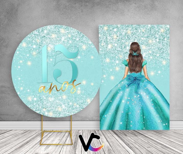 Imagem de Painel De Festa Redondo 1,50x1,50 + Painel Vertical 1,50x2,20 - Princesa 15 Anos Efeito Glitter 002