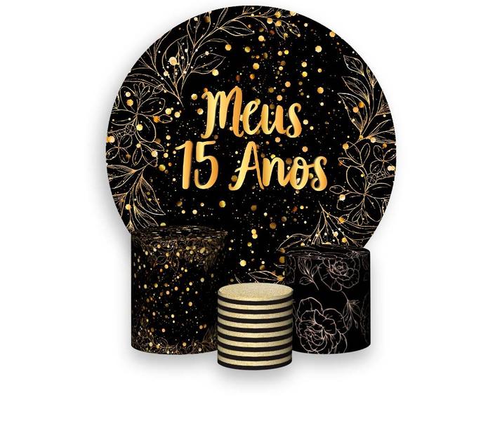 Imagem de Painel De Festa Redondo 1,50x1,50 + Trio De Capas Cilindro -  Meus 15 Anos Efeito Brilhos Dourado 111