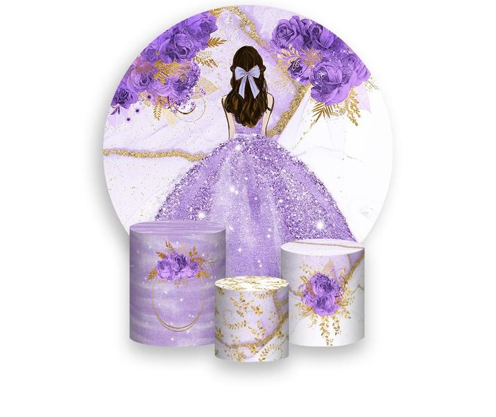 Imagem de Painel De Festa Redondo 1,50x1,50 + Trio De Capas Cilindro -  Princesa Efeito Marmorizado com Flores Lilás 043