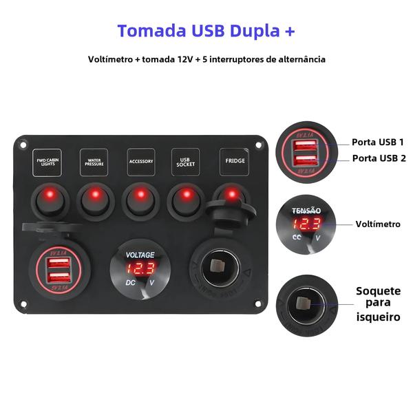 Imagem de Painel de Interruptor para Barco - 5 Gangues, à Prova d'Água, com USB Dupla e Saída 12V