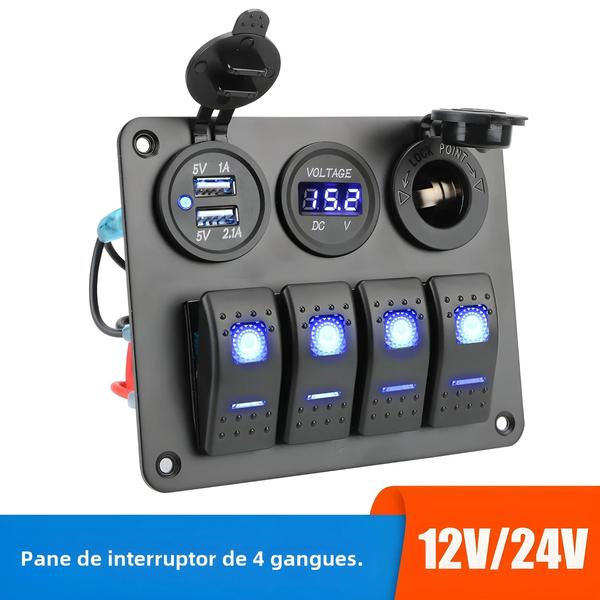 Imagem de Painel de Interruptor Rocker 12V/24V com Voltímetro, 4 Botões e 30A - Carregadores USB e Luz de Alternação