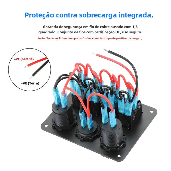 Imagem de Painel de Interruptor Rocker 12V/24V com Voltímetro, 4 Botões e 30A - Carregadores USB e Luz de Alternação