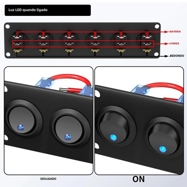 Imagem de Painel de Interruptor Rocker LED 6 Gangues 12V 20A SPST - Para Barco, Marítimo e Carro