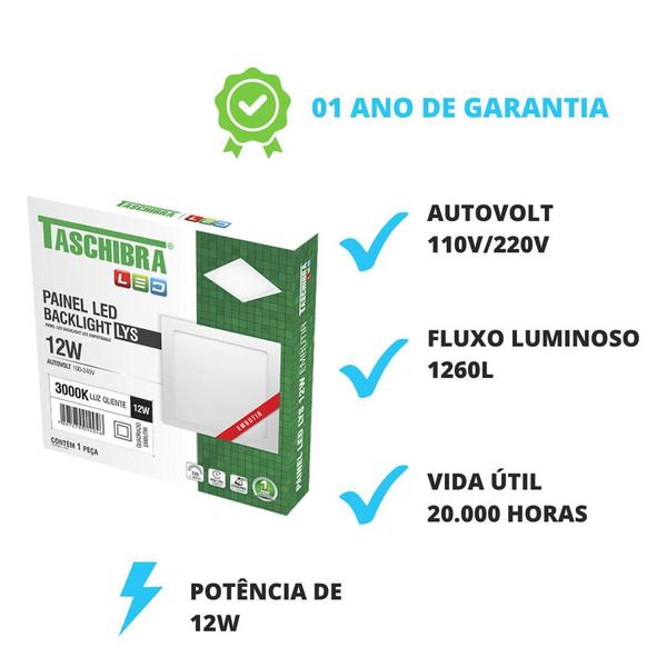 Imagem de Painel de Led 12w Quadrado Embutir Branco - Taschibra