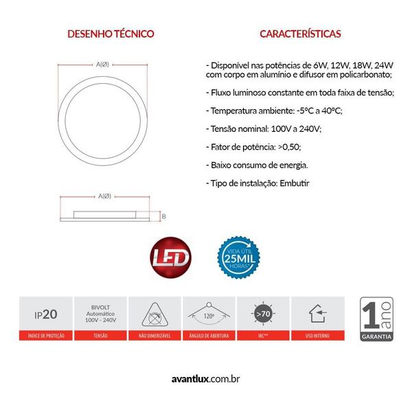 Imagem de Painel de Led de Embutir Pop 12W 4000K Neutra Bivolt Redonda 17cm Avant