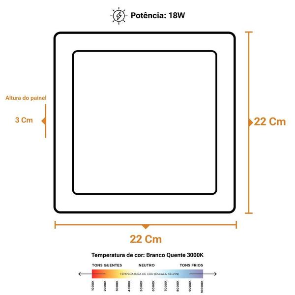 Imagem de Painel de Led Plafon Embutir 18w Quadrado Branco Quente 3000k